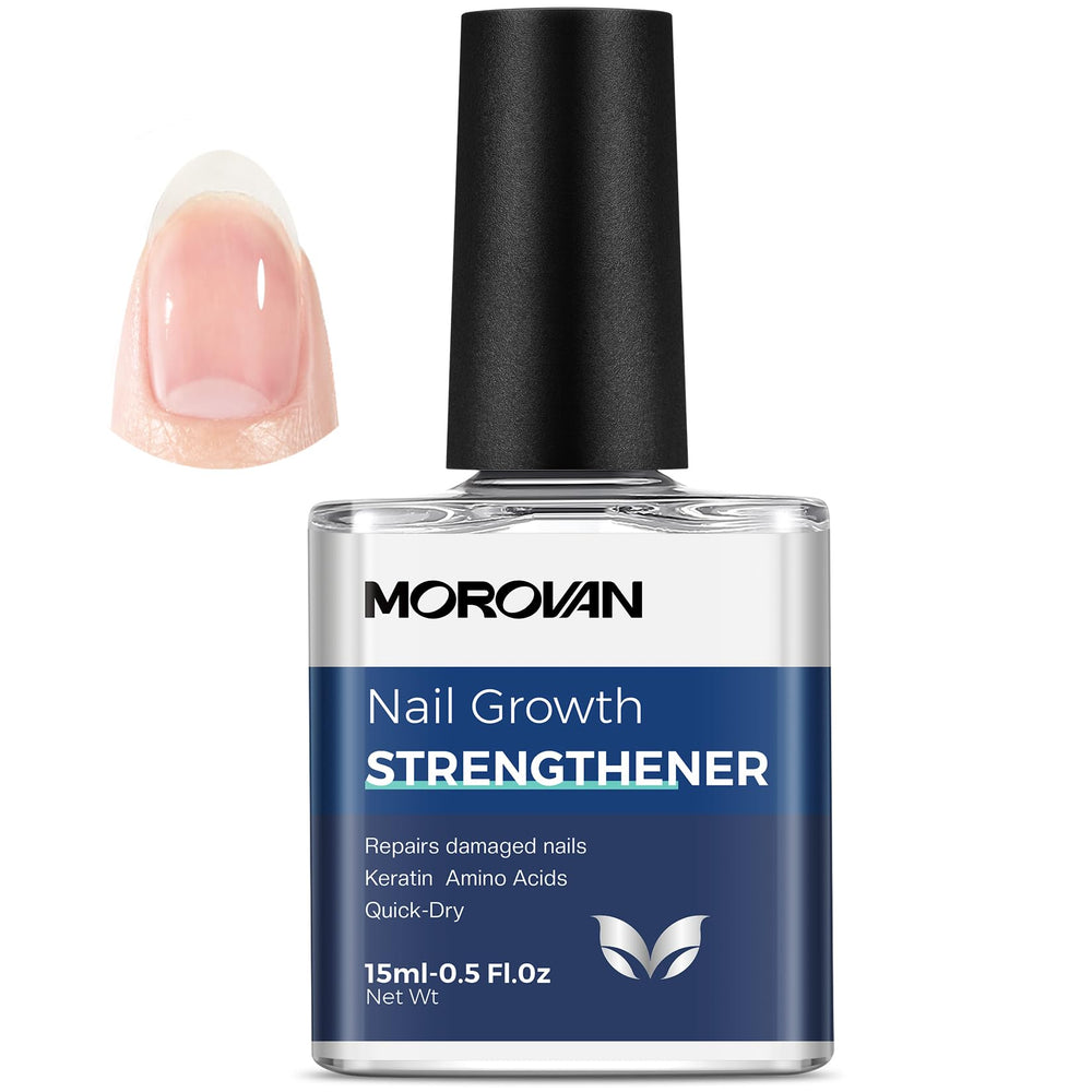 Morovan Nail Strengthener in a clear bottle showing protective clear coating for damaged nails