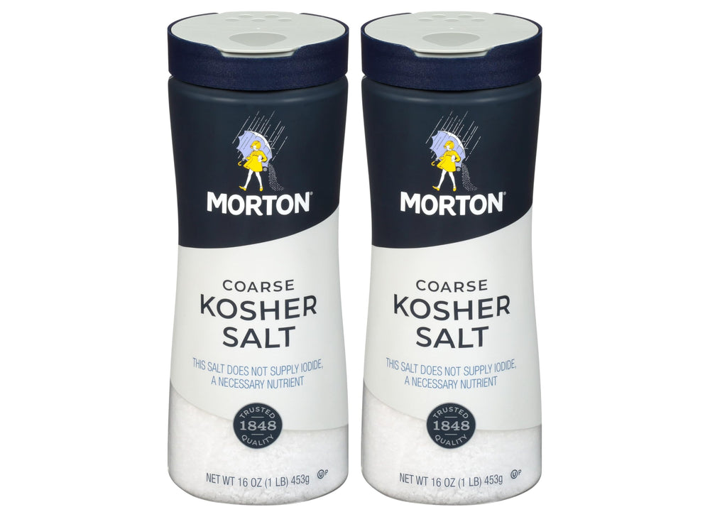 Morton Coarse Kosher Salt bottle with 1lb canister for quick, controlled seasoning.