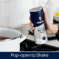 Morton Coarse Kosher Salt easy-dispense system enables quick pours and even salting.