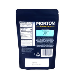 Morton Fine Sea Salt pouch 1 lb on the kitchen counter.