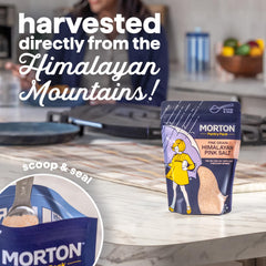 Morton Himalayan Pink Salt being poured over food to enhance flavor and color.