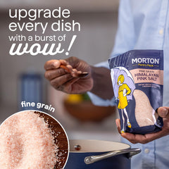 Morton Himalayan Pink Salt scoop close-up demonstrating easy measurement and sealing.