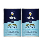 Morton Iodized Sea Salt Round canister on kitchen counter, ideal for everyday seasoning.