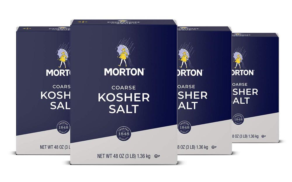 Morton Kosher Salt coarse 48oz 4-pack box on kitchen shelf for easy seasoning