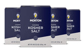 Morton Kosher Salt coarse 48oz 4-pack box on kitchen shelf for easy seasoning