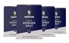 Morton Kosher Salt coarse 48oz 4-pack box on kitchen shelf for easy seasoning