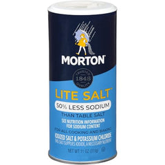 Morton Lite Salt bottle front close-up demonstrates convenient seasoning for cooking and baking.