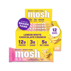 MOSH Lemon White Chocolate Keto Protein Bar packaging for quick focus