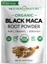 Mother Nature Organics Black Maca Root Powder bottle supports daily stamina.