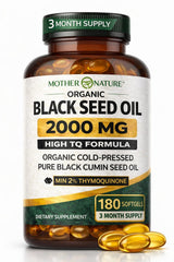 Mother Nature Organics black seed oil bottle front showing premium daily wellness.