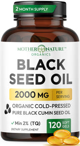 Mother Nature Organics Superfoods Black Seed Oil Capsules 1000mg bottle for convenient daily support.