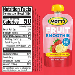 Mott’s Fruit Smoothies pouch back label highlights calcium content and dairy-free formula.