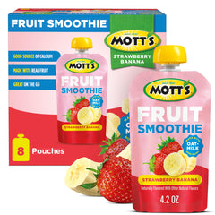 Mott’s Fruit Smoothies pouch front view shows real fruit for on-the-go snacking.