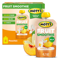 Mott’s Fruit Smoothies Vanilla Peach pouch front view, portable real-fruit snack.