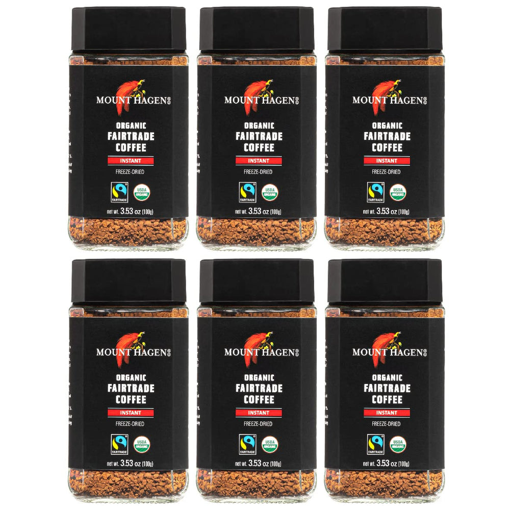 Mount Hagen freeze-dried instant coffee in a glass jar delivering bold, smooth flavor.