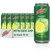 Mountain Dew AMP Energy original cans packshot showcasing bold citrus flavor and energy boost potential.