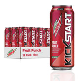 Mountain Dew Kickstart fruit punch can showing a refreshing caffeine boost for busy mornings
