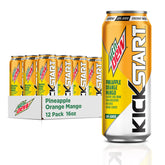Mountain Dew Kickstart pineapple orange mango pack shot with 16 oz cans for on-the-go refreshment