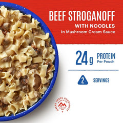 Mountain House Beef Stroganoff in pouch ready to eat after hydration.