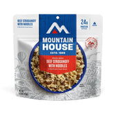 Mountain House Beef Stroganoff packaging front on display for outdoor meals.