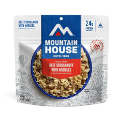 Mountain House Beef Stroganoff packaging front on display for outdoor meals.