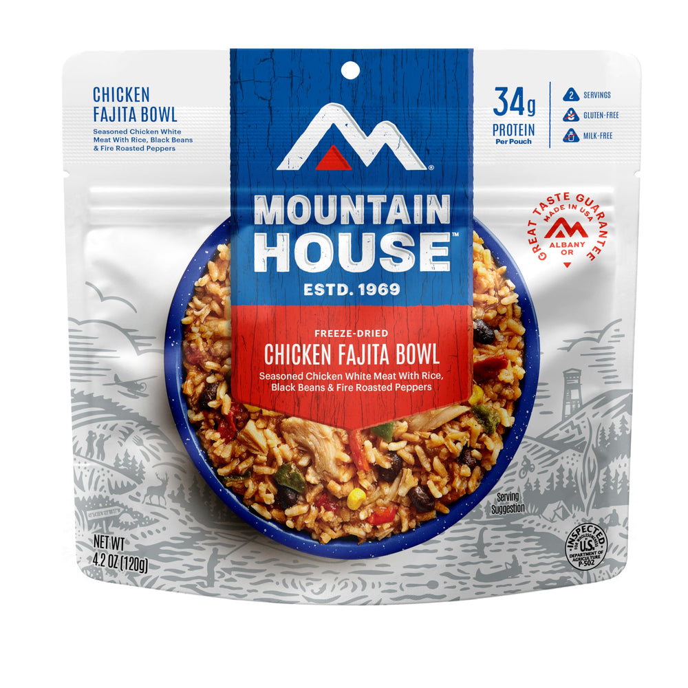 Mountain House Chicken Fajita Bowl packaging designed for camping meals and quick preparation.