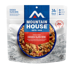 Mountain House Chicken Fajita Bowl packaging designed for camping meals and quick preparation.
