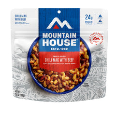 Mountain House Chili Mac with Beef pouch ready-to-eat for quick outdoor meals.