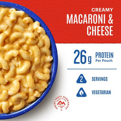 Mountain House creamy macaroni cheese close-up highlighting rich sauce