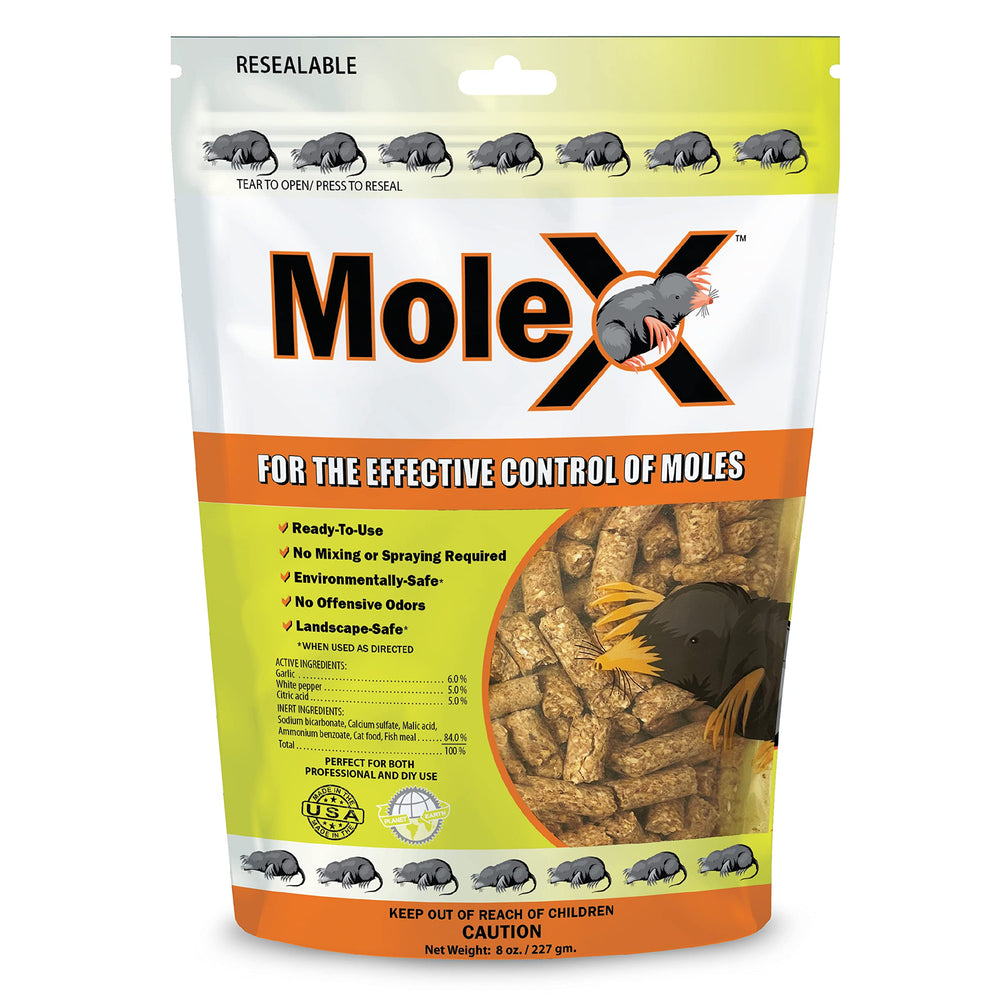 MouseX MoleX bag front view shows all-natural, non-toxic mole control formula
