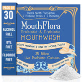 MouthFlora bottle pour demonstrates convenient daily mouthwash use for fresh breath