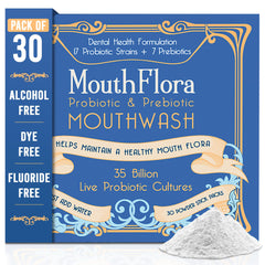 MouthFlora bottle pour demonstrates convenient daily mouthwash use for fresh breath