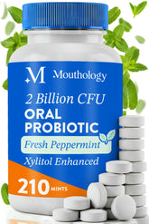 Mouthology mint probiotic mints in bottle close-up for fresh breath.