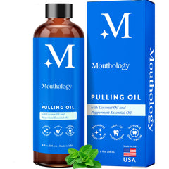 Mouthology coconut oil pulling bottle shows oil texture for whitening and fresh breath