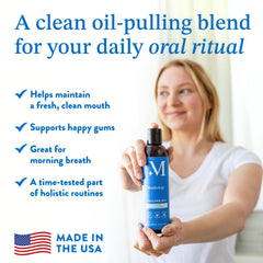 Mouthology teeth whitening oil-pulling image highlights brighter teeth and fresher breath