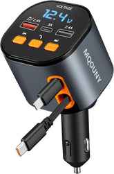 MQOUNY retractable car charger delivering 90W fast charging for phones and tablets