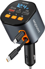 MQOUNY retractable car charger delivering 90W fast charging for phones and tablets