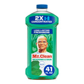 Mr. Clean Meadows & Rain bottle pour showing 2X concentrated formula for easy dilution.