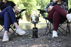 Mr. Heater Fuel Keg 1lb tank on camping table ready for travel.