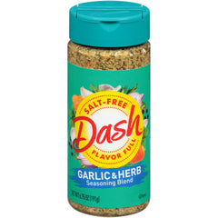 Mrs. Dash garlic herb salt-free seasoning bottle adds versatile flavor to meals.