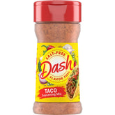 Mrs. Dash salt-free taco seasoning jar on counter adds bold flavor without salt.