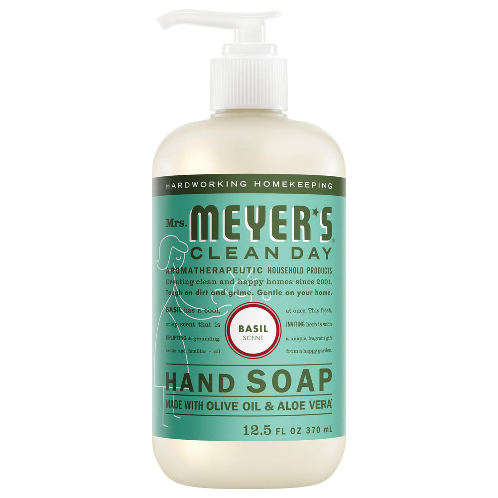 Mrs. Meyer's Basil Scent hand soap bottle front for garden-inspired cleansing.