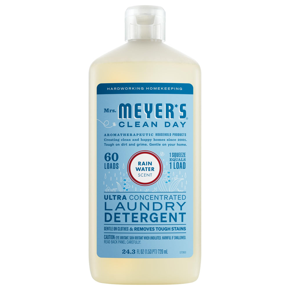 Mrs. Meyer's Clean Day Rain Water detergent bottle front shows fresh garden scent.