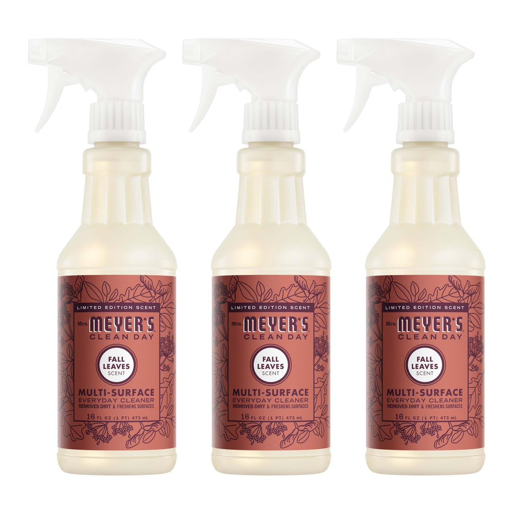 Mrs. Meyer's Clean Day Fall Leaves bottle spritzing kitchen surfaces with a fresh scent.