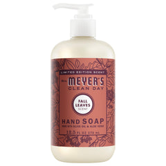 Mrs. Meyer's Clean Day Hand Soap Fall Leaves bottle on sink for daily cleansing.