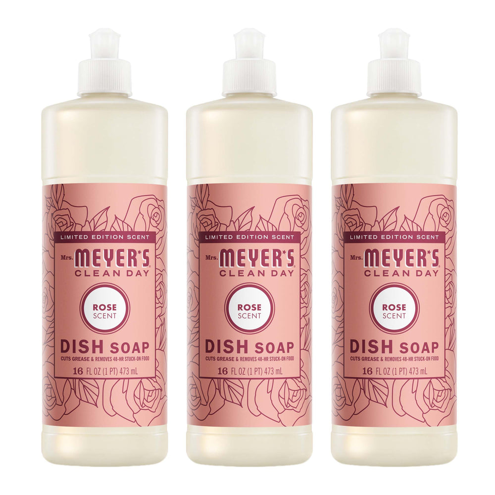 Mrs. Meyer's Clean Day Rose dish soap bottle powers through grease