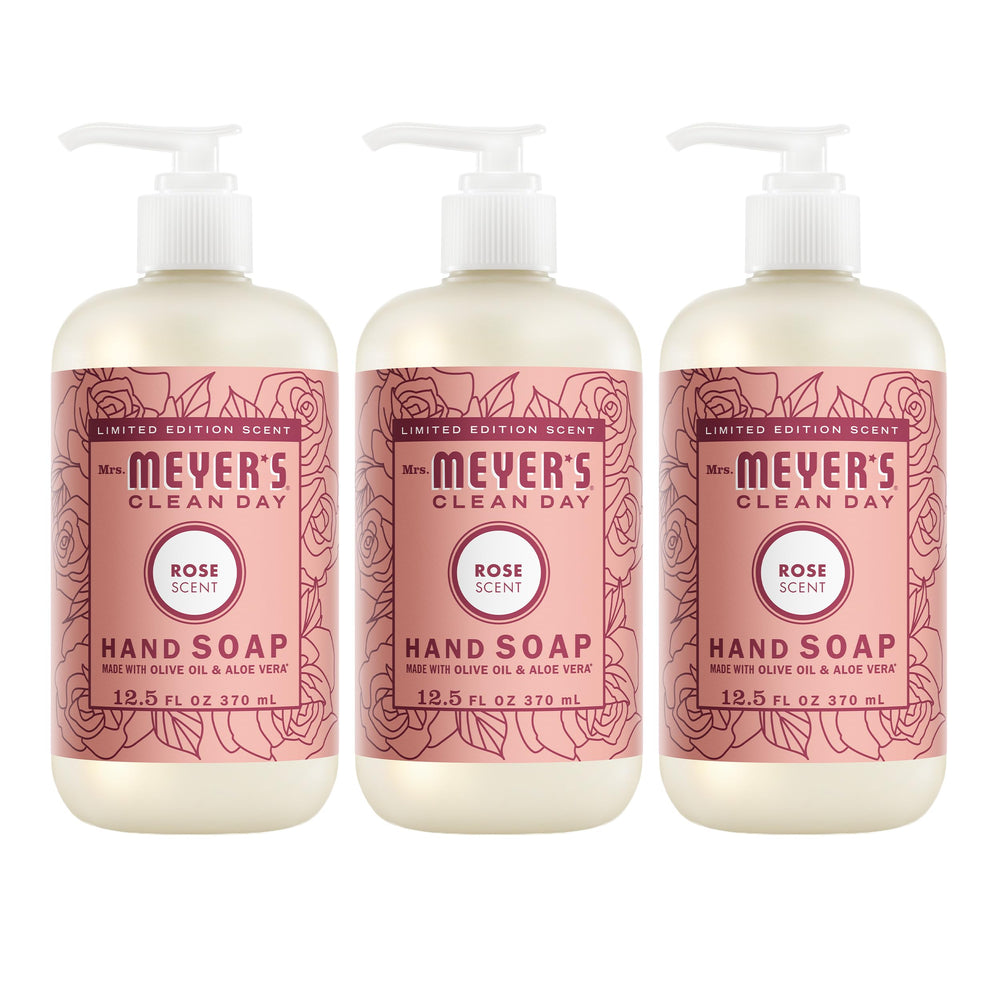 Mrs. Meyer's Clean Day Rose hand soap bottle highlights a fresh rose scent for daily hand washing.