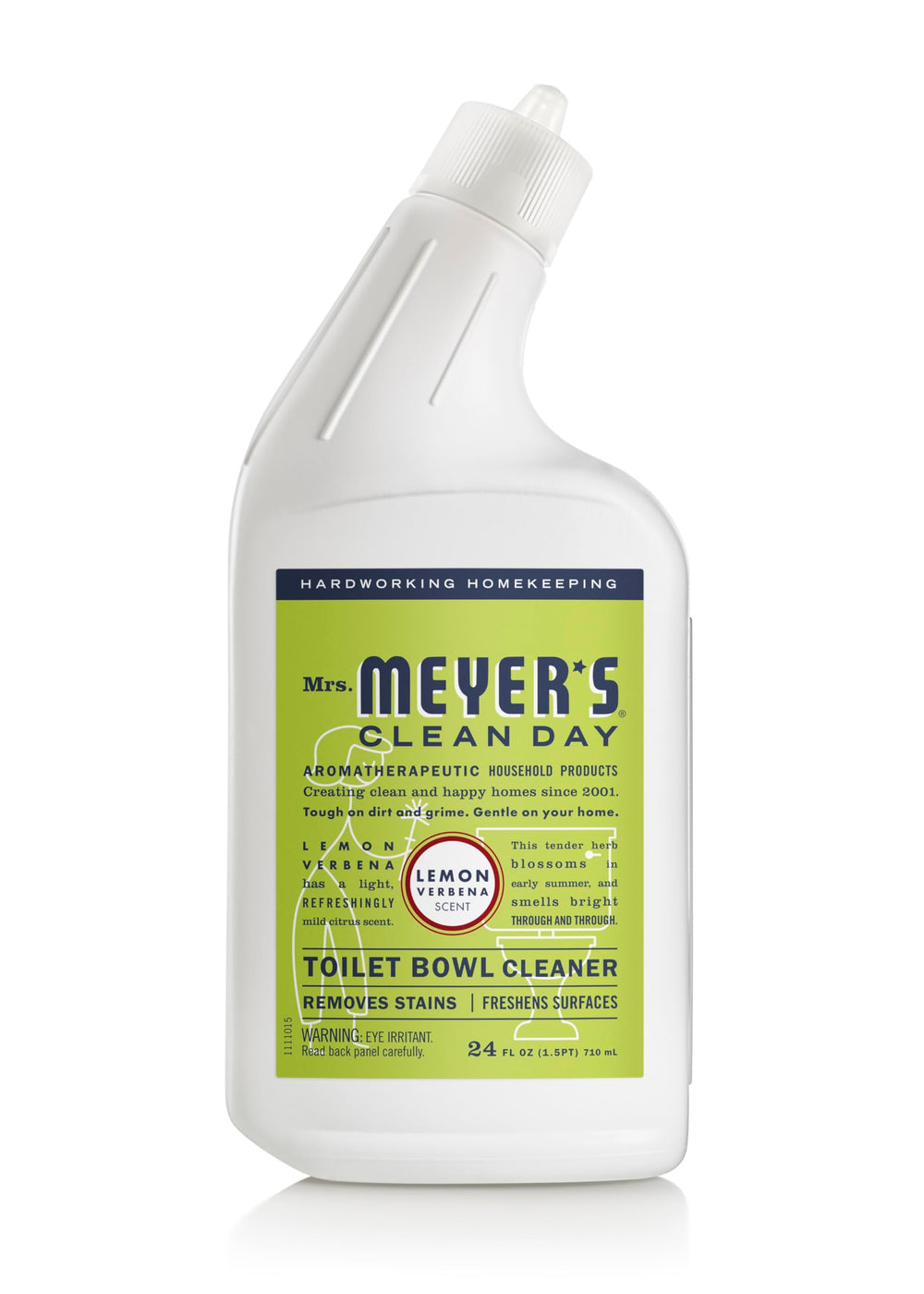 Mrs. Meyer's Lemon Verbena bottle front shows fresh citrus scent for bathroom cleaning