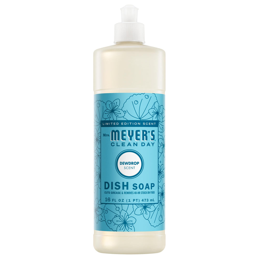 Mrs. Meyer's Dewdrop dish soap bottle front shows biodegradable formula for eco-friendly cleaning.