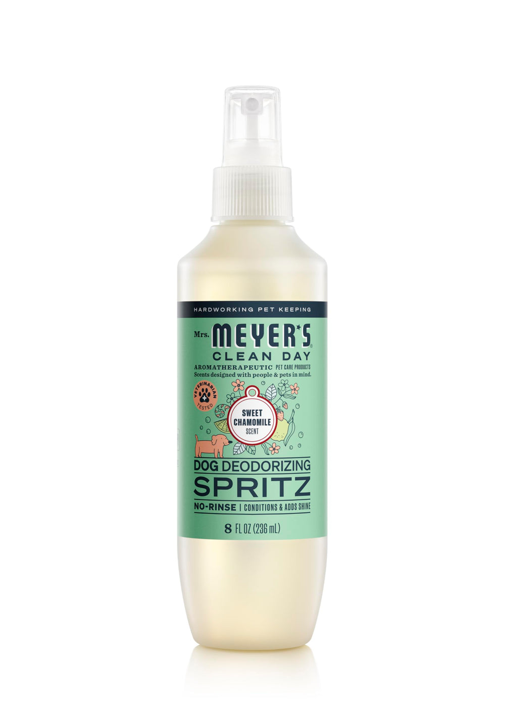 Mrs. Meyer's Dog Deodorizing Spray bottle showing Sweet Chamomile scent for quick freshening